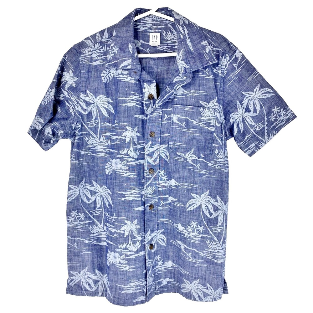 Gap Kids Short Sleeve Shirt Boys Med. 8 Cotton Blue Tropical Palms Summer Casual